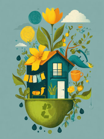 Discover practical ways to adopt eco-friendly habits this April, featuring a vibrant illustration with a house, flowers, and recycling themes.の素材