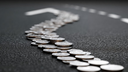 A winding path constructed from coins leads towards a distant goal icon set on a dark, textured surface, evoking themes of ambition and prosperity.の素材