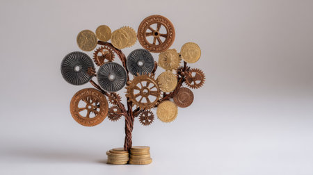 A creative representation of a tree constructed from coins and gears, emphasizing growth and financial success against a clean neutral background.の素材