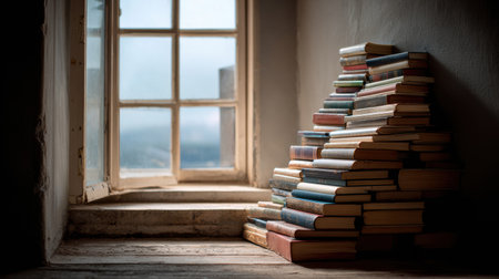An arrangement of stacked books forms a staircase reaching towards an open window, offering a glimpse of the outside light and landscape.の素材