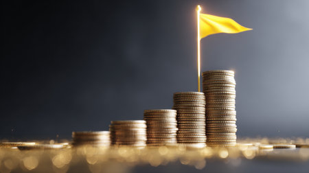 A stack of coins increases in height, leading toward a glowing goal flag that represents financial ambition and success in a dramatic, dark environment.の素材
