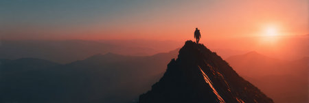 A climber stands triumphantly on a mountain peak against a breathtaking sunrise, capturing a moment of inspiration and achievement in the early morning light.の素材