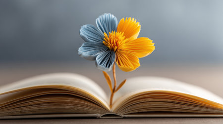 A colorful paper flower blooms from an open book, symbolizing growth and the transformative power of reading in a serene setting.の素材