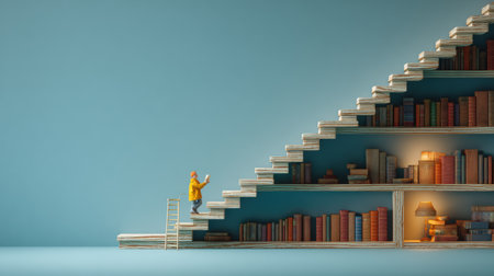A figure in a yellow coat ascends creative staircase made of books, reflecting the growth that comes from exploring literature during reading month.の素材