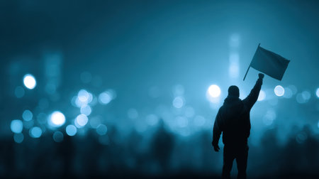 Silhouette of a protester holding a lighted banner against a blurred, abstract backdrop, symbolizing a night of activism and collective action for change.の素材
