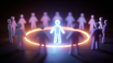 Diverse individuals create a supportive safe zone around a glowing figure representing a person with autism, promoting inclusion and acceptance.の素材