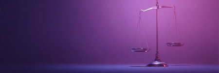 A justice scale glows softly against a purple background, symbolizing balance and fairness in a tranquil atmosphere, inviting reflection on legal themes.の素材