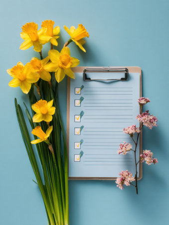 A spring goals checklist overlays a calendar, surrounded by bright yellow daffodils and delicate pink flowers symbolizing the season.の素材