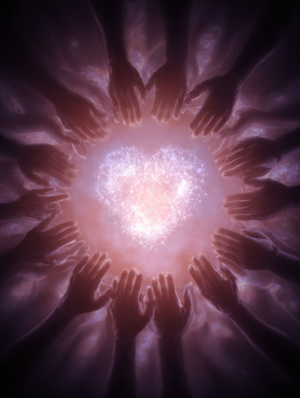 Hands arranged in a circle form a supportive network, with a luminous heart at the center, symbolizing love and unity among individuals.の素材