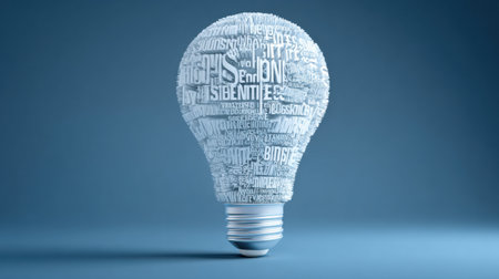 A creative lightbulb design filled with various business buzzwords represents innovation and modern thinking against a softly lit blue background.の素材