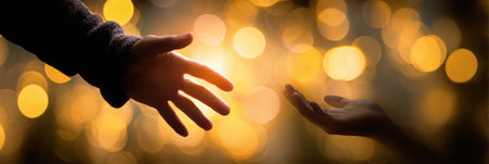 Two hands stretching towards each other against a soft, glowing backdrop, representing connection, support, and the power of human kindness at twilight.の素材