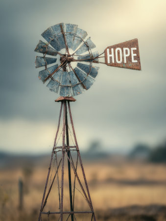 A vintage windmill spins gently in the spring breeze, its blades signaling hope against a cloudy sky over a tranquil countryside.の素材