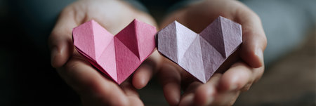 Two intricately folded paper hearts, one pink and one lavender, are cradled in hands, illuminated by soft shadows, conveying care and affection.の素材