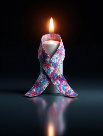 A candle burns brightly in a ribbon-shaped holder, illuminating its surroundings with a gentle glow, creating a contemplative atmosphere in the darkness.の素材