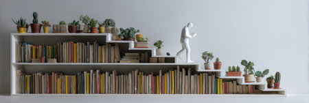 A shelf transforms into stairs, with a figure reading and climbing, symbolizing the journey of learning through literature.の素材