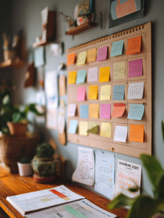 A colorful planning board with sticky notes and calendars enhances organization, displaying goals in a cozy workspace.の素材