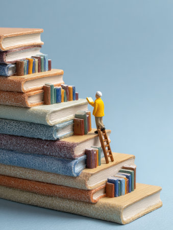 A figure ascends a stairway made of books, symbolizing a journey through reading and knowledge, encouraging lifelong learning and exploration.の素材