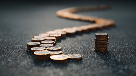 A winding path of coins directs attention to a goal icon, illustrating the journey toward financial achievement in a simple yet impactful mannerの素材