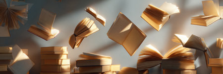 Floating open books fill the air in a tranquil library, where soft light illuminates the scene, creating an enchanting and contemplative mood.の素材