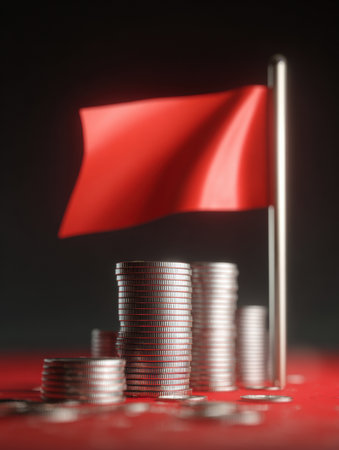 Coins are stacked high, illustrating a journey toward a glowing flag that represents success and financial goals in a darkened setting.の素材