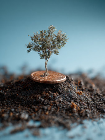 A small tree emerges from soil made of coins, illustrating the concept of nurturing financial knowledge for growth and success in personal finance.の素材