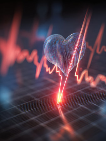 An intricate heart monitor screen shows vital signs while floating above a soft, abstract background, symbolizing life and health in a calming atmosphere.の素材