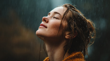 Under a light spring rain, an individual tilts their head back with eyes closed, fully immersed in the refreshing experience of nature and renewalの素材