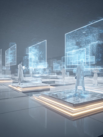 A high-tech lab filled with digital holograms, showcasing researchers interacting with transparent data displays in a sleek, open layout.の素材