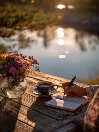 A tranquil moment of reflection occurs by the lake as coffee brews, flowers adorn the table, and journaling captures thoughts during golden hour.の素材