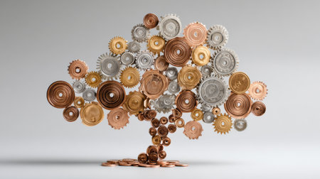 A tree made of coins and gears symbolizes growth and innovation, highlighting the link between finance and technology in a minimalist setting.の素材