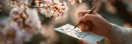A person gracefully writes poetry on a floating scroll while surrounded by delicate cherry blossoms, capturing the essence of spring in a serene moment.の素材