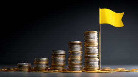 Heightened stacks of coins symbolize progress as they rise towards a glowing yellow flag, representing a goal in a dark environmentの素材