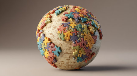 A colorful puzzle globe highlights the theme of diversity and inclusion, showing interlocking pieces that represent various cultures and social connections.の素材