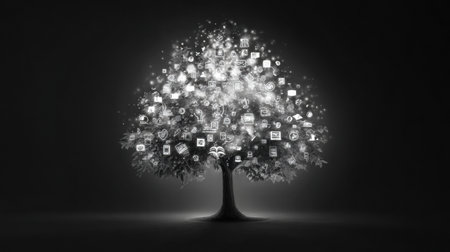 A magnificent tree stands tall, its leaves glowing with various icons, creating an enchanting atmosphere that represents knowledge and growth during twilight.の素材
