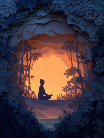 A person meditates in lush greenery, bathed in warm sunlight, creating a serene atmosphere that fosters calmness and mindfulness.の素材