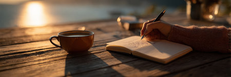 Writing thoughts in a journal while enjoying coffee at a rustic table by the lake during golden hour, capturing a peaceful moment of reflection.の素材