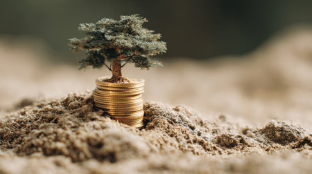 A tree emerges from a stack of shimmering coins, symbolizing the importance of financial literacy and smart investments in personal growth and prosperity.の素材