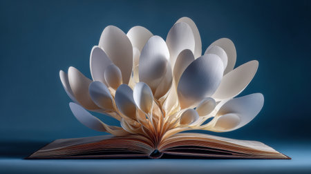 A delicate paper flower gracefully emerges from the pages of a book against a soft blue background, representing growth and creativity in art.の素材
