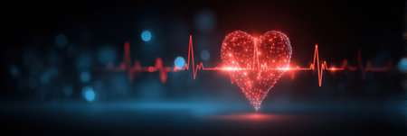 A heartbeat line transforms smoothly into a glowing heart icon set against a blurred medical-themed background, symbolizing life and health.の素材