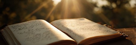 An open journal lies on a surface, with handwritten poetry illuminated by soft sun rays, creating a tranquil atmosphere in the afternoon.の素材