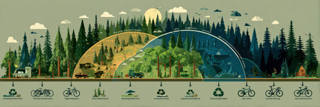 This infographic depicts a flow of eco actions showing their cumulative benefits on the environment, highlighting sustainable practices over time.の素材