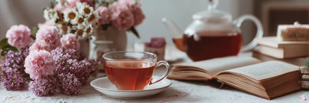 A spring wellness table is inviting with a cup of tea, open journal, and blooming flowers set for a peaceful and mindful experience.の素材