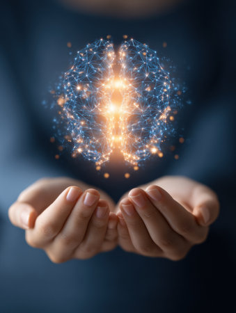 Hands gently cradle a glowing symbol of the mind, representing the significance of mental wellness and the support needed for mental health.の素材