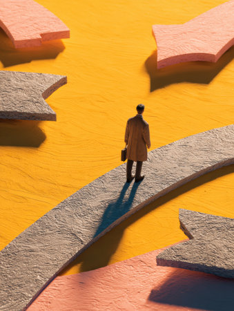 A person stands thoughtfully at an intersection where colorful career path signs guide different routes, set against a bright yellow background.の素材
