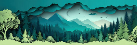 Beautifully layered paper cut design features a tranquil forest, majestic mountains, and a vast sky. Soft colors create a soothing and peaceful ambiance.の素材