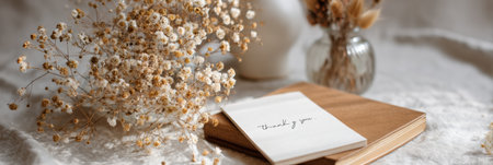 An open notebook filled with gratitude notes is placed among dried flowers, creating a serene atmosphere for reflection and appreciation in a cozy space.の素材