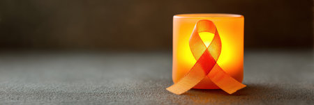 Warm light emanates from a candle held in a ribbon-shaped holder, symbolizing awareness and hope in a tranquil environment.の素材