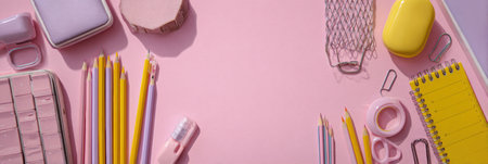 Colorful school supplies are arranged neatly on a pastel pink surface, providing an inviting atmosphere perfect for organization and creativity.の素材