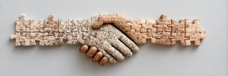 Two hands created from interlocking puzzle pieces symbolize partnership and cooperation against a simple background, reflecting teamwork and trust.の素材