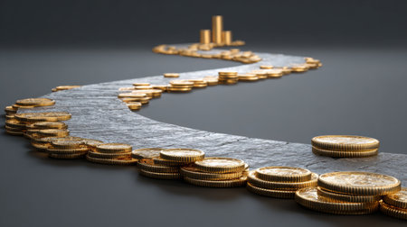 A winding path constructed from coins leads to a shining goal icon, symbolizing the journey towards success and financial achievement in an artistic arrangement.の素材